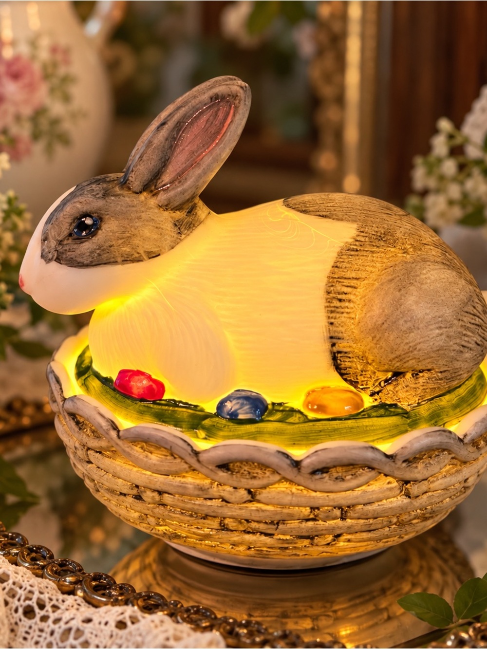 Vintage Hand Painted Milk Glass Bunny on Nest Candy Dish Fairy Lamp